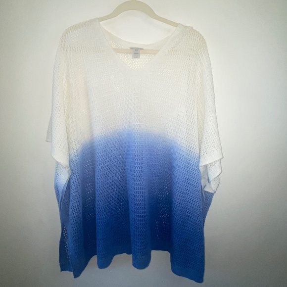 J. Jill Sweaters - J. Jill Linen Cotton Blend Open Stitch Ombre Crochet Poncho